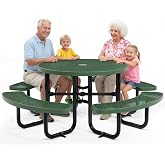 OUTTANS Commercial Metal Picnic Table (Green, 46in, Round, Expanded Steel) | ADA Compliant Convertible, Heavy-Duty, Adjustable Seats, Umbrella Hole, Thermoplastic Coated, Weather Resistant