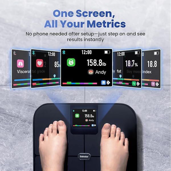 RABATER SMART SCALE WITH LARGE COLOR DISPLAY, DIGITAL BATHROOM SCALE FOR BODY WEIGHT BMI MUSCLE MASS, 25 COMPOSITION, BODY FAT SCALE WITH HEART RATE, 11.8″ LARGE PLATFORM, 400 LBS (BLACK)