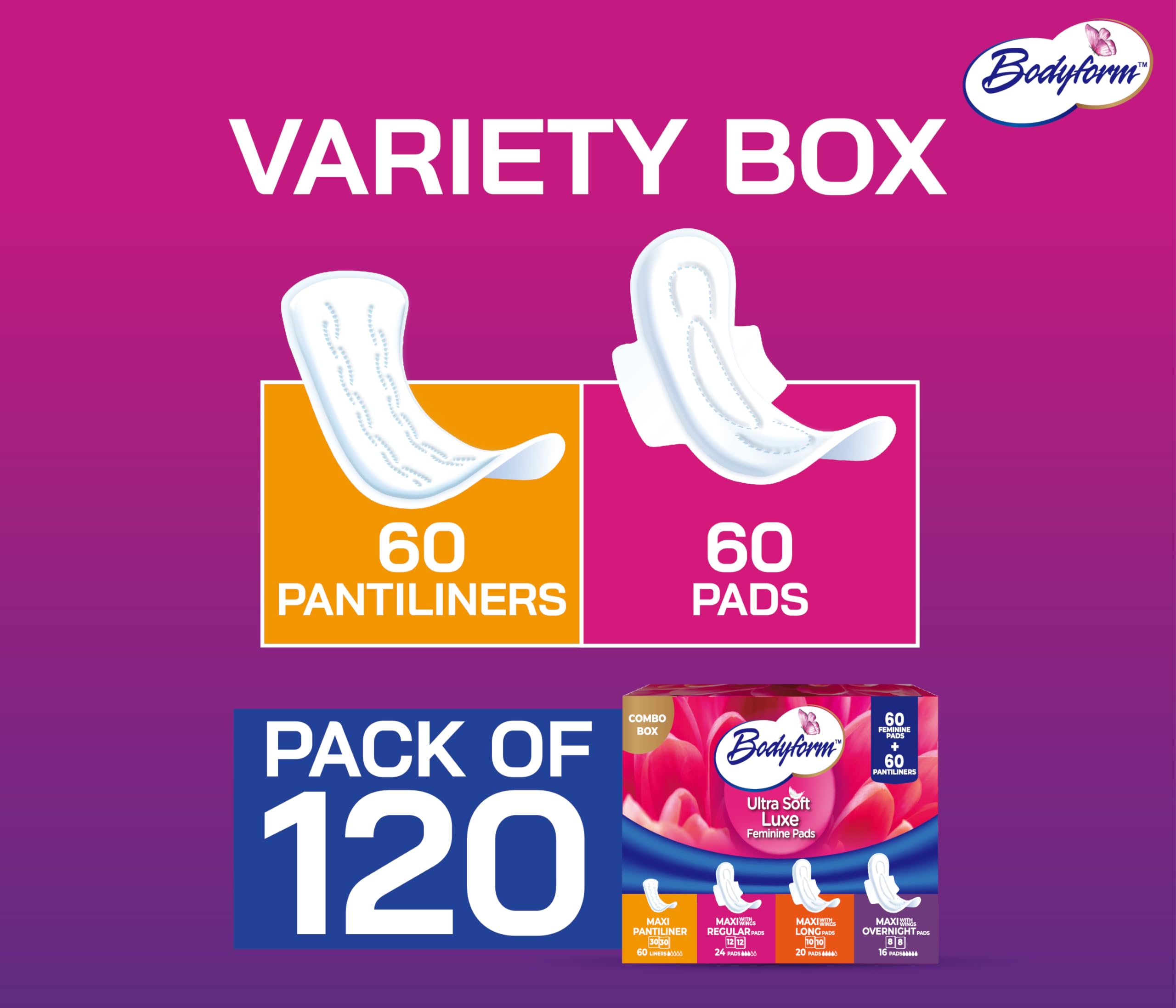 Bodyform Luxe Feminine Care Value Combo Box (Variety Pack) – 60 Ultra-Soft Pads + 60 Gentle Pantyliners, Cushion Soft & Ultra-Absorbent