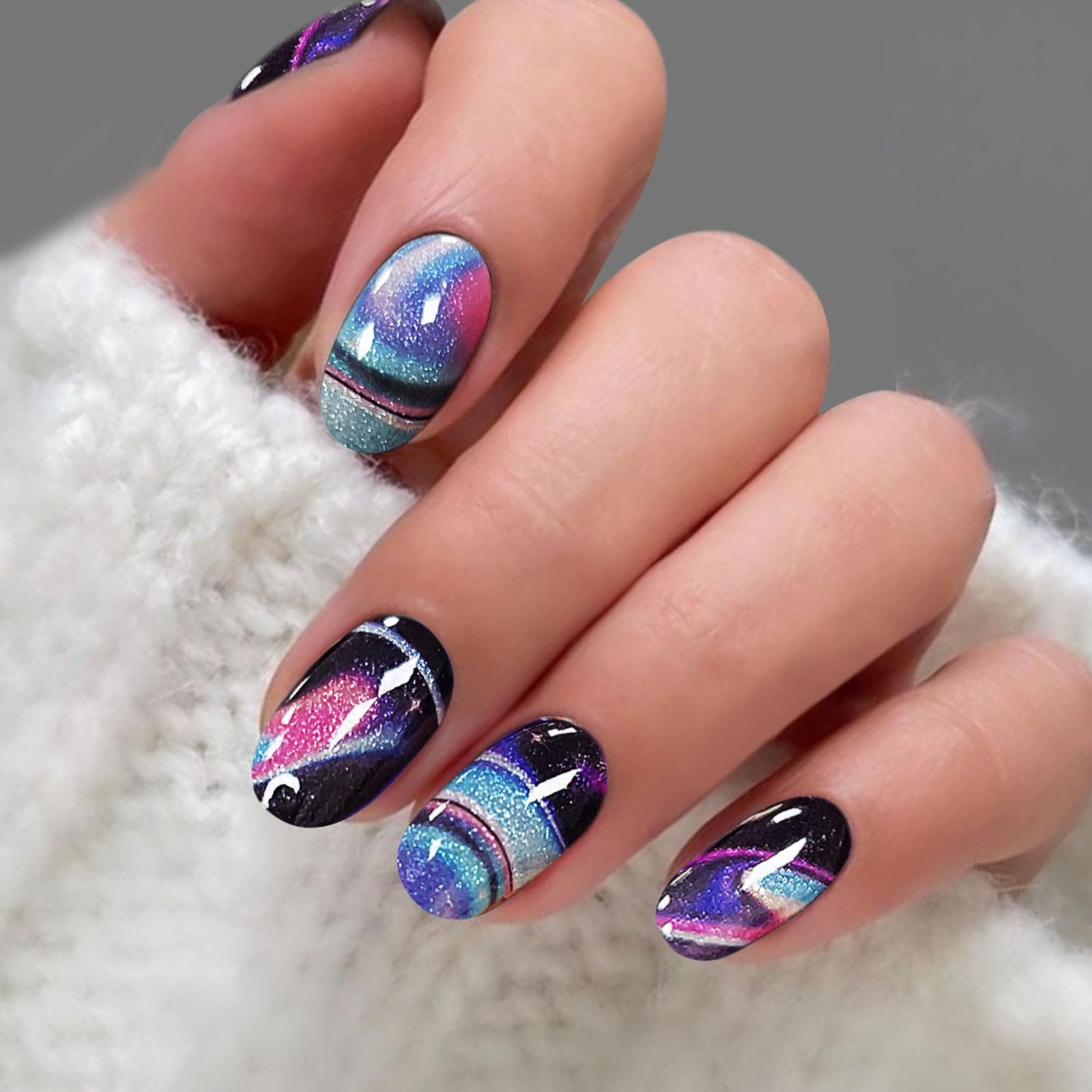 JMEOWIO Gel Nail Stickers Marble Star French Tip Semi Cured Gel Nail Strips Wraps UV/LED Nails Art Design Decoration Accessories