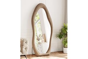 FlyEcho Full Length Mirror, 63"x24" Full Body Mirrors, Flannel Floor Mirrors with Stand, Irregular Wavy Mirror Hanging or Leaning Against Wall for Bedroom Living Room, Brown