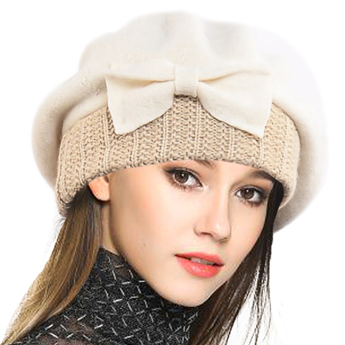 VECRY Lady French Beret 100% Wool Beret Dress Beanie Winter Hat (Cream)