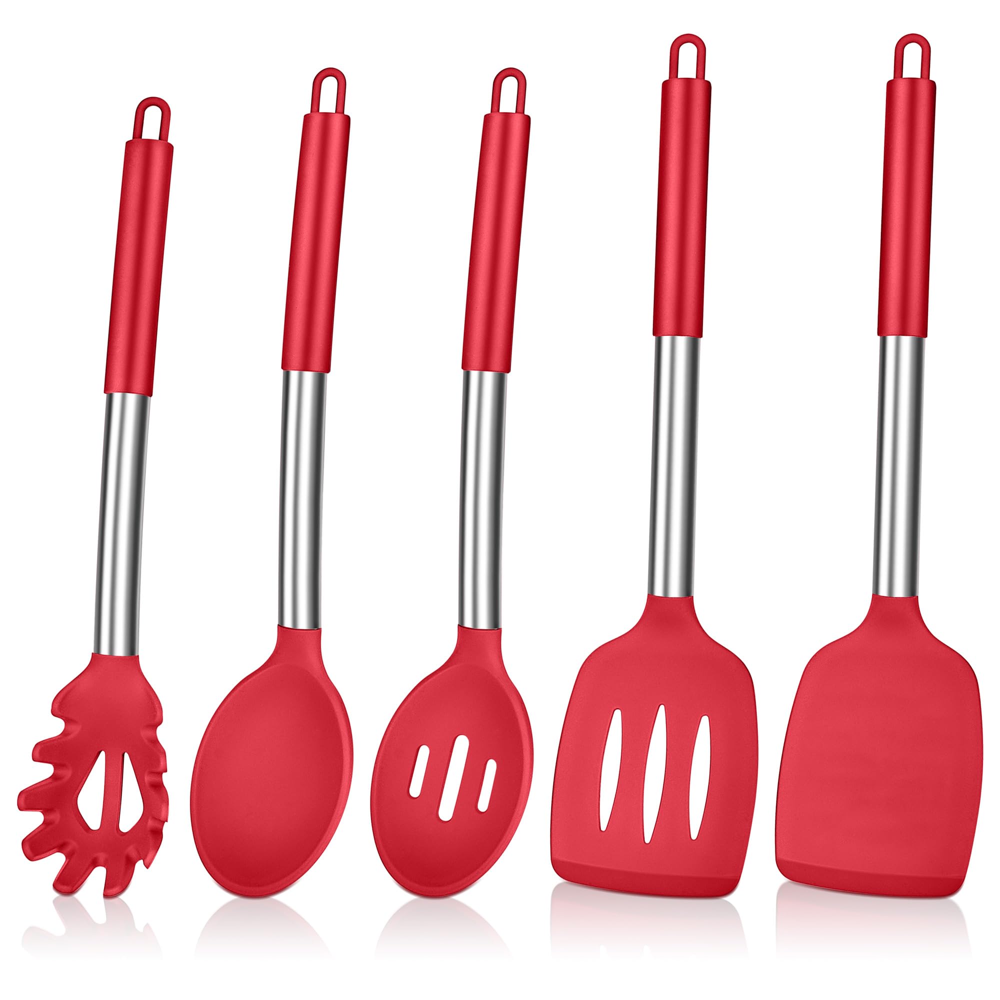 Herogo Kitchen Utensils Set, 5 Pieces Silicone Cooking Utensil with Stainless Steel Handle, Heat Resistant Kitchen Cooking Tools Turner Spoon Spatula for Nonstick Cookware Pan – Red