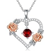 SLIACETE Love Heart Birthstone Necklaces for Women 925 Sterling Silver Rose Flower Pendant Birthday Valentines Day Jewelry Gifts for Wife Girlfriend Mom