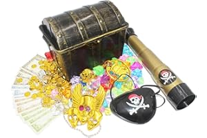 Pemalin Pirate Treasure Chest Toy Set for Kids Pirate Treasure, Pirate Themed Role Play Party Favors Decoration Storage Box Pirate Role Play Treasure Hunting Game for Halloween, Birthday, Christmas