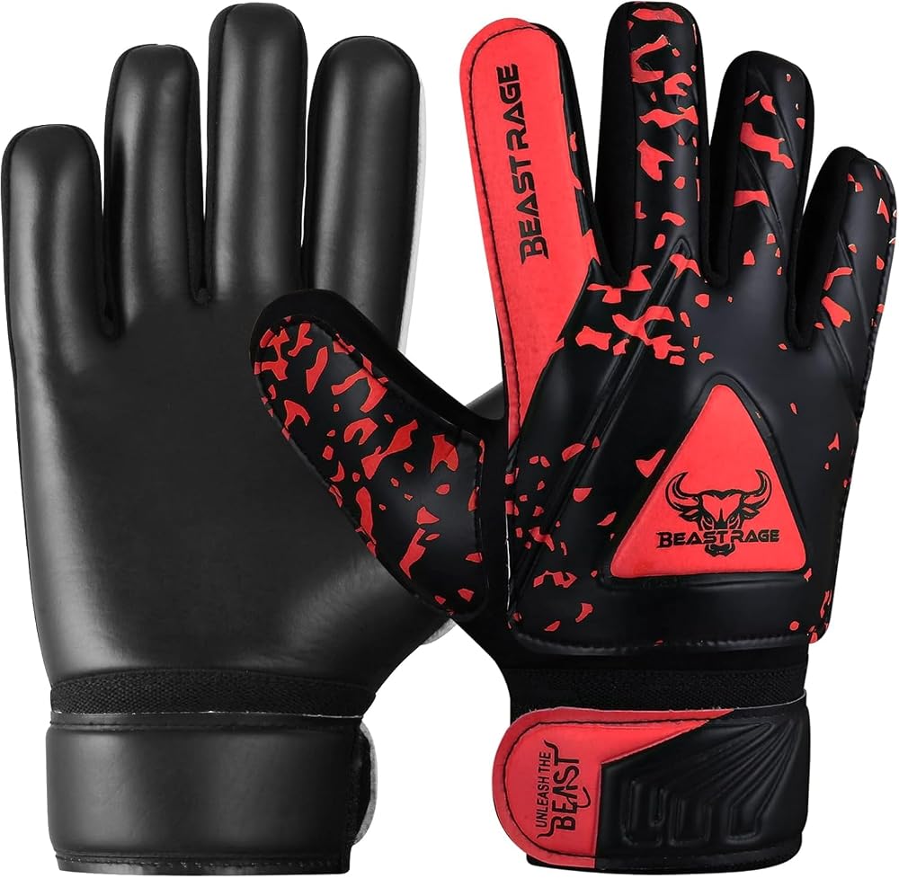 BEAST RAGE Kids Goalkeeper Gloves Youth Size 4 Red Dual Wrist Support
