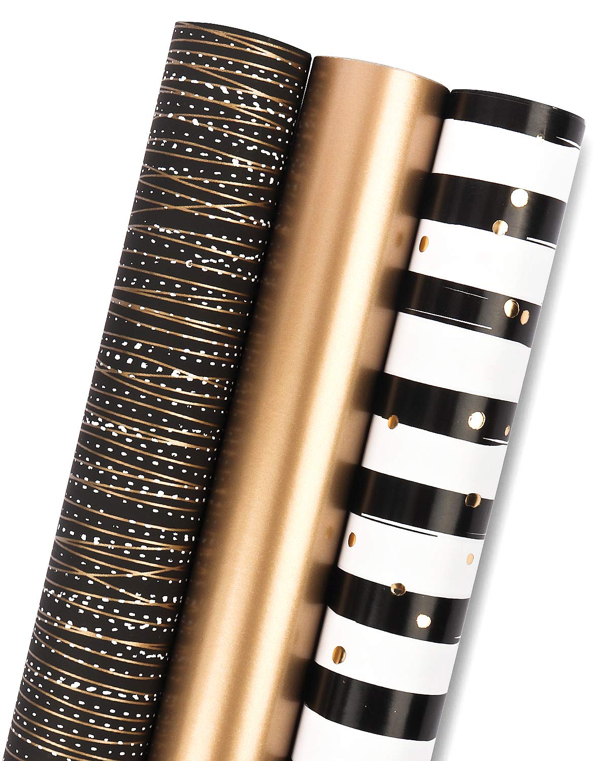 RUSPEPA Wrapping Paper Roll - Mini Roll - 3 Different Black Gold Stripe Design (42.5 sq. ft.ttl.) - 43.2 cm X 3.05 m Per roll