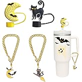 4 pcs Halloween Cute Silicone Straw Topper 10mm for Stanley Cups,Halloween Charms Chain for Stanley Tumbler with Handle,Stanley Cup Accessories (Moon+Cat)
