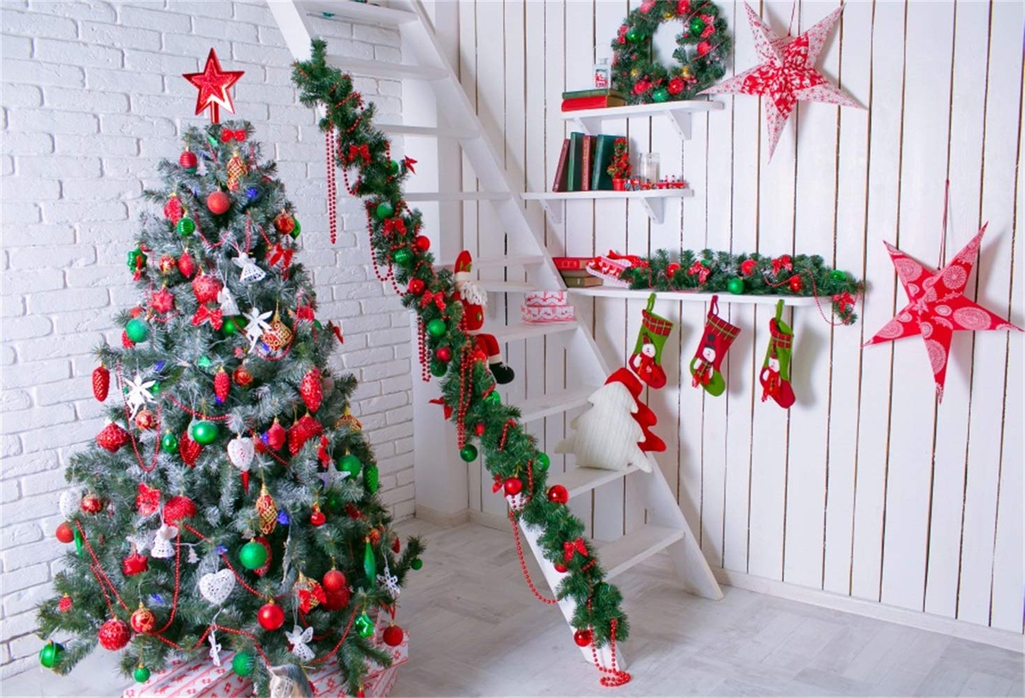 Laeacco Christmas Theme Backdrop Vinyl 10x7ft Modern Room Indoor Christmassy Xmas Tree Gifts Ladder White Brick Wall Shelf Stars Stockings Background Xmas Party Banner Child Kids Baby Portrait Shoot