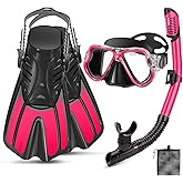 PIYAZI Snorkeling Gear for Adults, 4 in 1 Adult Snorkel Set with Panoramic View Snorkel Mask, Dry Top Snorkel, Adjustable Short Fins and Travel Bag, Snorkel Set with Fins for Snorkeling Diving
