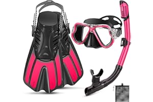PIYAZI Snorkeling Gear for Adults, 4 in 1 Adult Snorkel Set with Panoramic View Snorkel Mask, Dry Top Snorkel, Adjustable Short Fins and Travel Bag, Snorkel Set with Fins for Snorkeling Diving