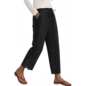 Rapbin Women Elastic Waist Linen Cotton Capri Pants with Pockets(S-XXL) | Linen Cotton Pants Women Wide Leg Palazzo Capri Dre