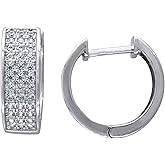 Sterling Silver Womens Cubic Zirconia Triple Row Huggie Hoop Earrings