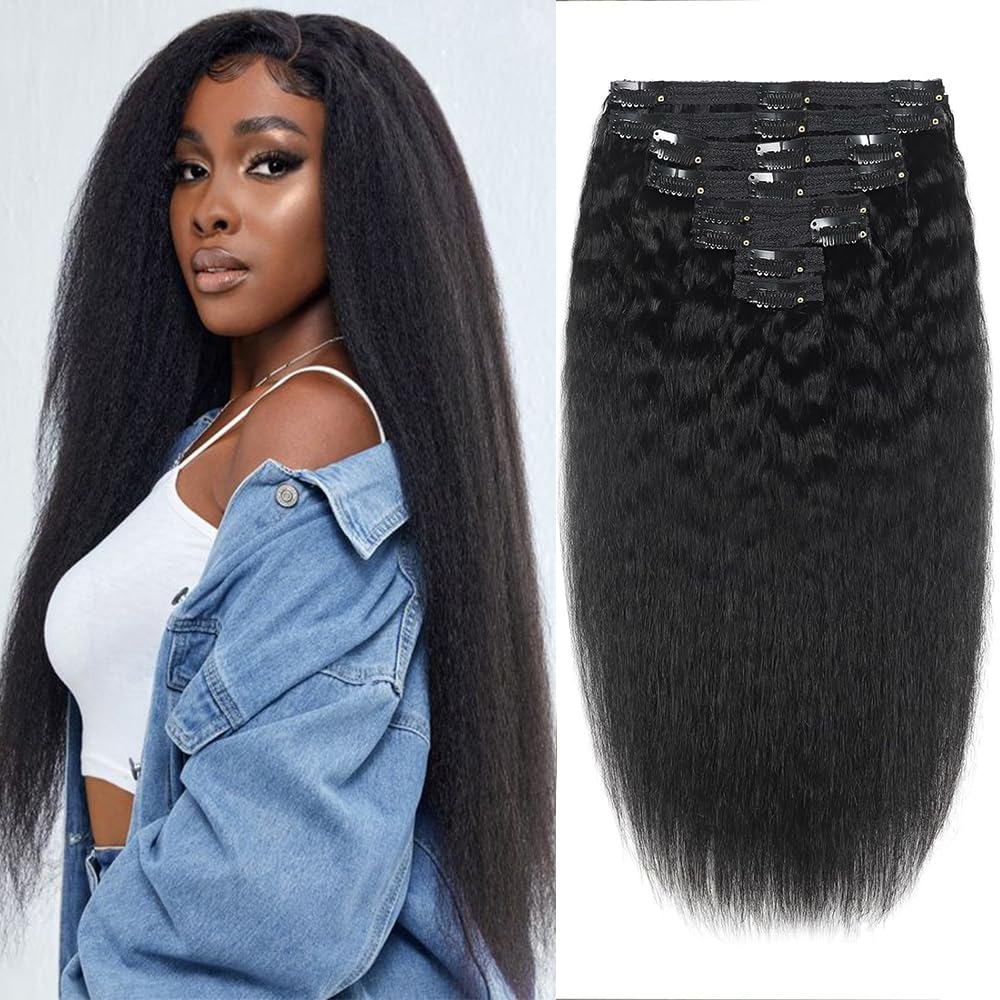 Datanala Kinky Straight Clip in Hair Extension 8Pcs/lot 120g With 18 Clips 14Inch Yaki Straight Clip in Hair Extension Real Human Hair Natural Black Color For Black Women — image 1