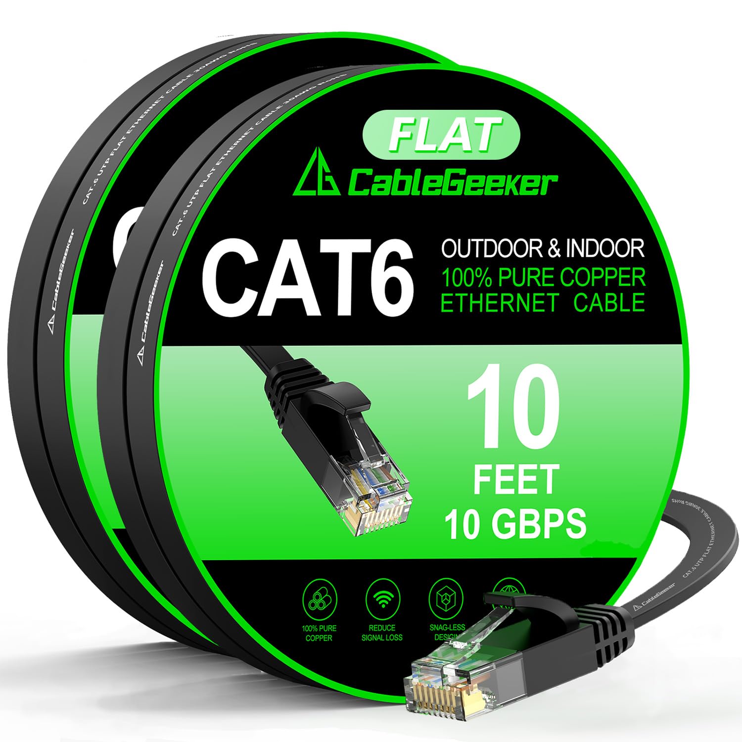 Photo 1 of Cat 6 Ethernet Cable Black 10ft (2 Pack)(at a Cat5e Price but Higher Bandwidth) Flat Internet Network Cable - Cat6 Ethernet Patch Cable Short - Cat6 Computer Cable with Snagless RJ45 Connectors