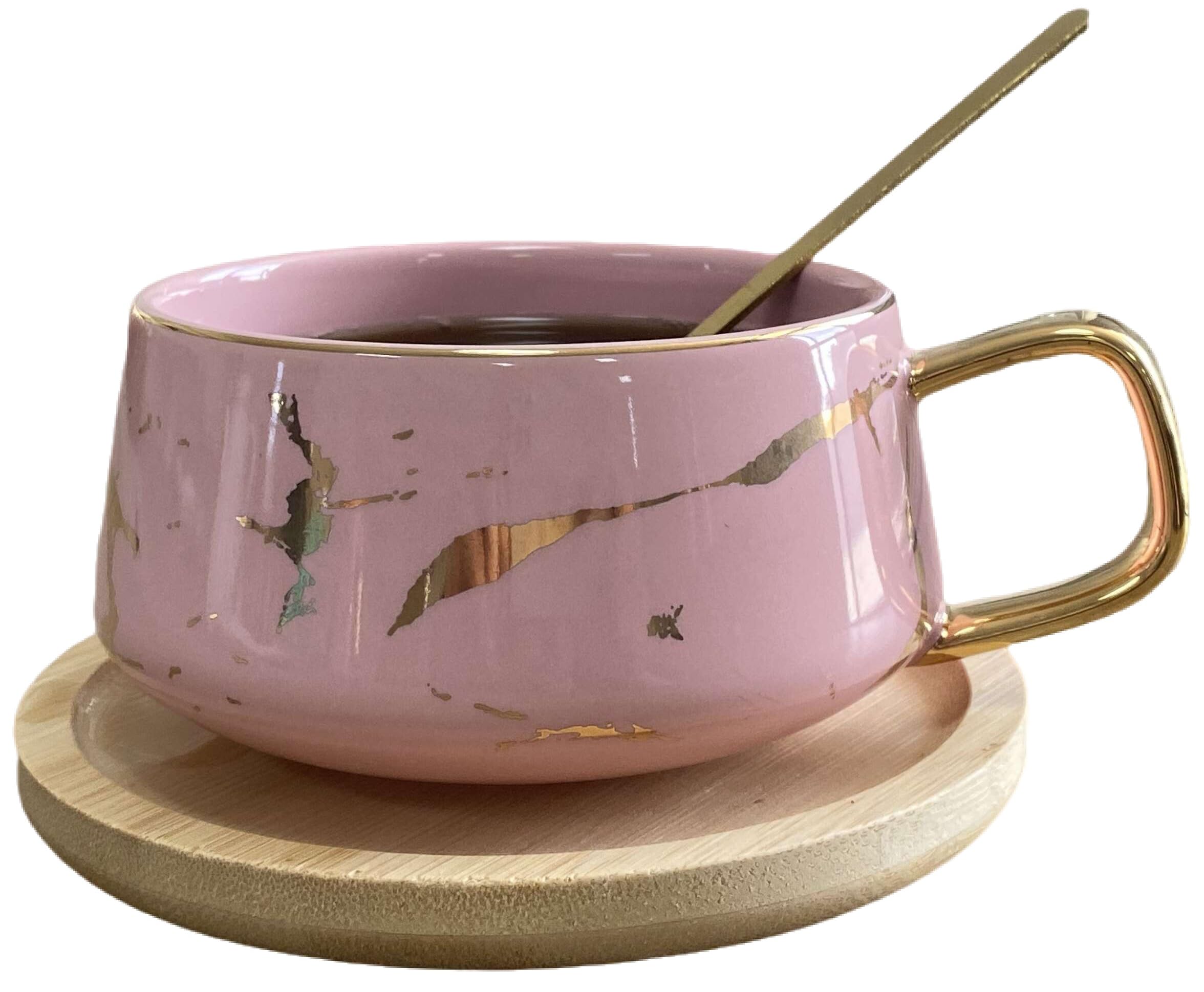 Eplze YBK Tech Porcelain Tea Cup Coffee Mug Set for Afternoon Tea - Marble Pattern (Pink, Short 300ml + Wood Saucer)