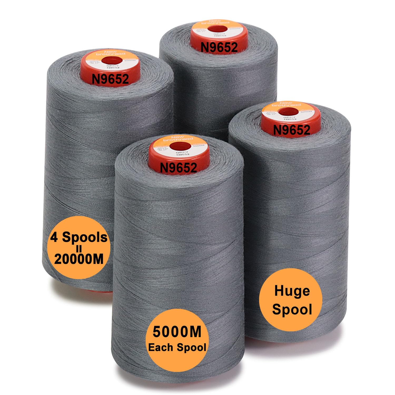 New brothread - 28 Options - 4 Large Cones of 5000M Each All Purpose Polyester Sewing Thread 40S/2 (Tex27) for Sewing, Quilting, Piecing, Serger and Overlock - Grey — image 1