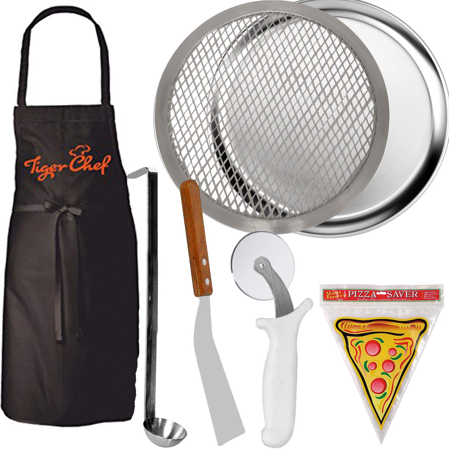 TigerChef 0026-TC-PIZZAKIT@8INTC-20416 Homemade Pizza Making Kit, 6-Piece Pizza Pro Set, Includes Kitchen Tools Single Portion Pizza Pan, Pizza Screen, Pizza Wheel, Pizza Server, Sauce Ladle, Apron and How to Make Your Own Pizza Guide