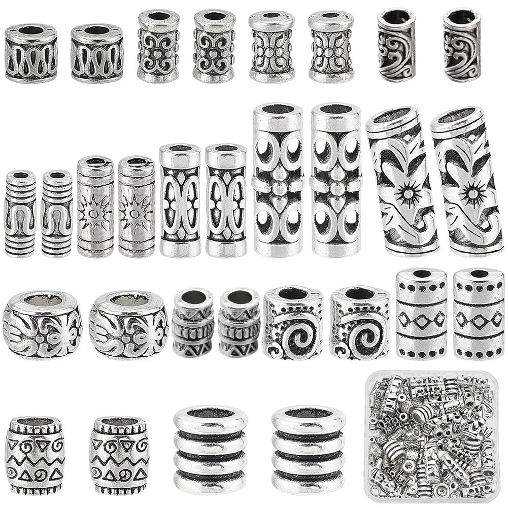 SUNNYCLUE 1 Box 150Pcs 15 Styles Tube Spcacer Beads Silver Large Hole Hollow Filigree Column Beads Metal Loose Beads Alloy Spacer Bead for Jewellery Making DIY Bracelet Necklace Earrings Crafts