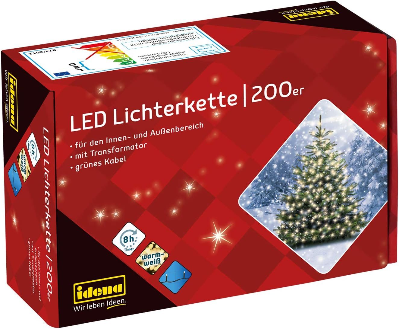Produktbild IDENA Lichterkette 200 LED, warm weiß, für außen und innen 27m, A++ 8 Stunden Timer Weihnachtsbaum Foto