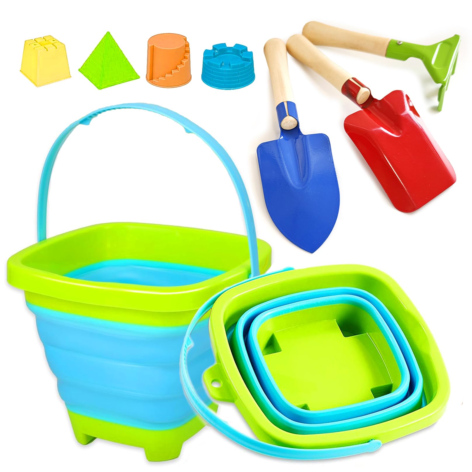 KY-Tech Kids Beach Toys Foldable Beach Bucket And Spade Set, Collapsible Sand Bucket with 3pcs Metal Spade and 4pcs Sand Moulds For Boys Girls Summer Party