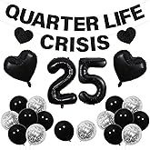 Balterever 25th Birthday Decorations for Women Men Quarter Life Crisis Banner Black 25 Foil Balloons Quarter Life Crisis Birthday Decorations 25th Birthday Party Supplies
