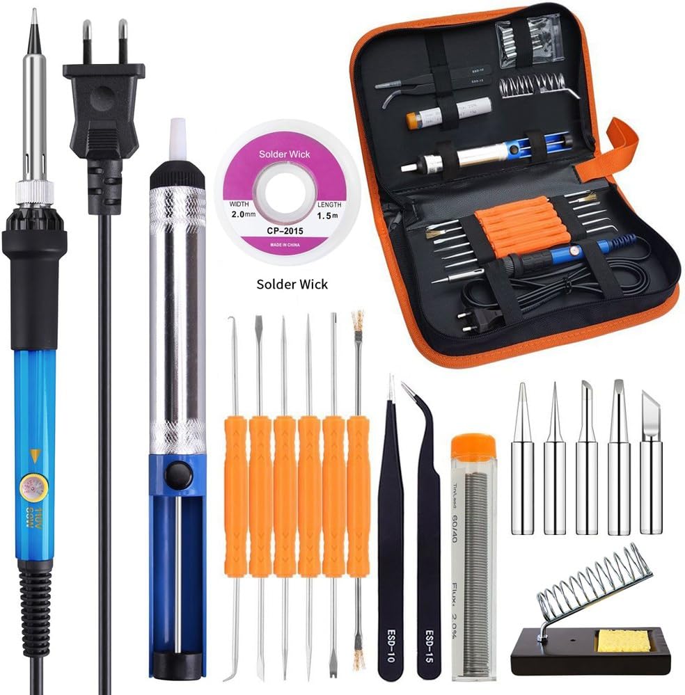 Soldering Iron, Soldering Iron Kit Electronics,Vanfree 19 in 1 60W Adjustable Temperature Soldering Iron, 5pcs Soldering Iron Tips, Solder, Desoldering Pump, Tweezers, Solder Wick, soldering iron stand, Portable Carry Bag
