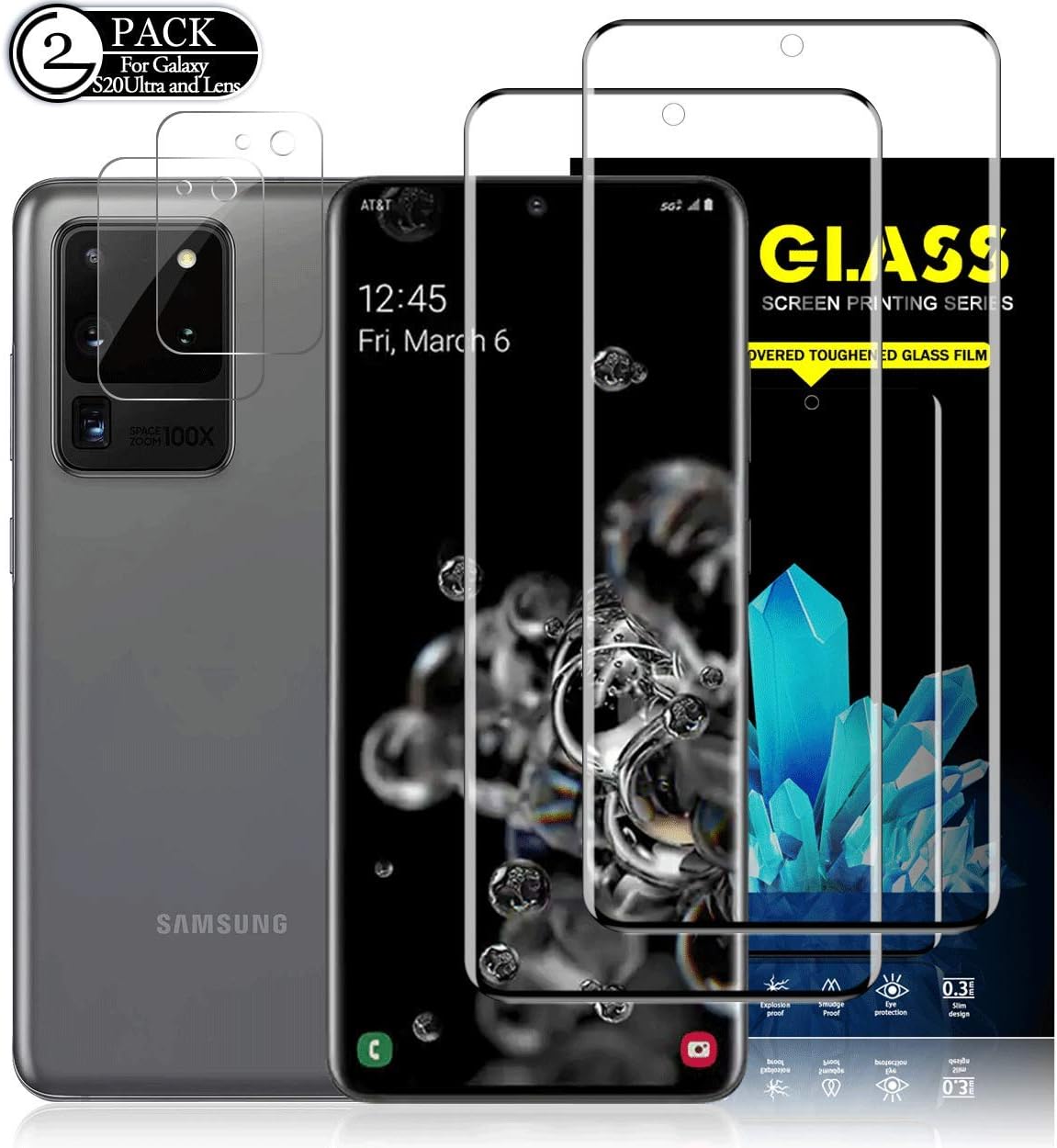 Galaxy S20 Ultra HD Clear Screen Protector+Camera Lens Screen Protectors by YEYEBF, [2 Pack+2 Pack] [Fingerprint Recognition] [Anti-Scratch] Nano Full Coverage Screen Protector