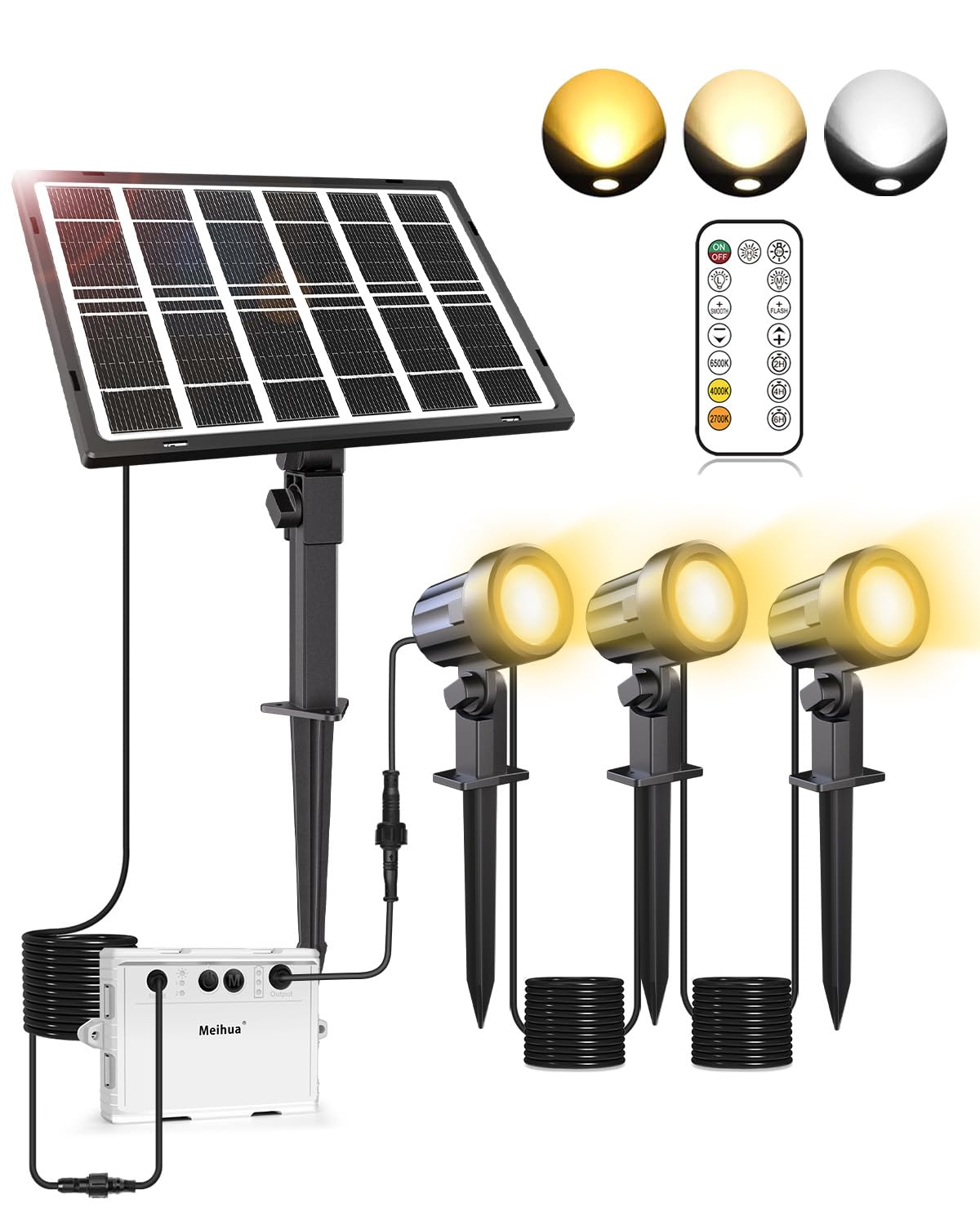 MEIHUA 3 in 1 Solar Spotlights Outdoor Landscape Garden Lights IP66 Waterproof Solar-Powered Spike Fence Lights 2700K/4000K/6500K with Remote for Garden Pathway Yard Patio Lawn Decoration