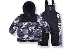 Arctic Quest Boys Ski Jacket and Snowbib Snowsuit Set 2 Piece Zip Up Jacket and Overall Snowsuit Set, Black Grey Camouflage, 7