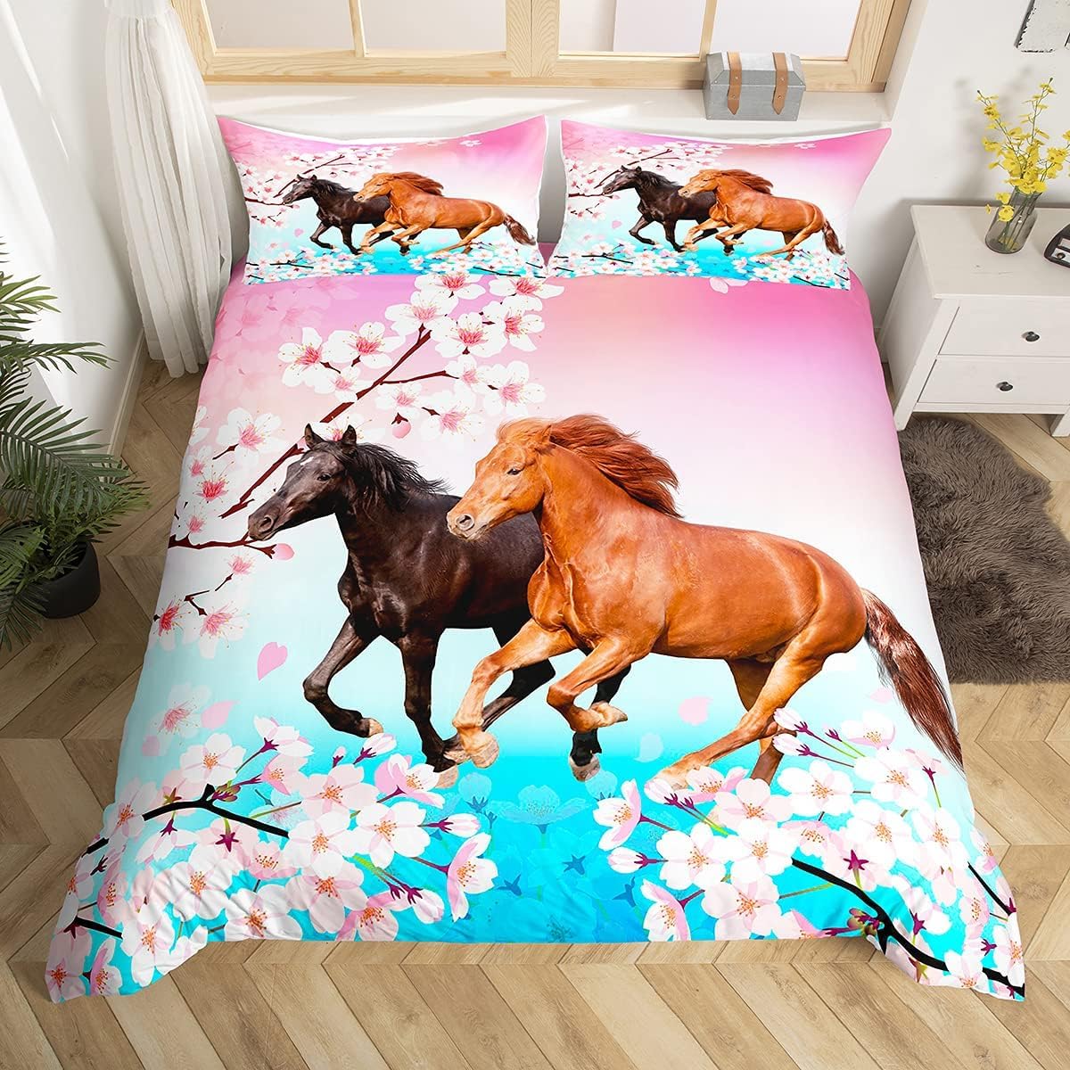 Loussiesd Kids Horse Bedding Set Chic Cherry Blossom Bedding Duvet Cover Set For Girls Teens Galloping Horse Printed Comforter Cover 3D Wild Animal Bedspread Cover BedQuilt Cover 2Pcs Single Size — image 1