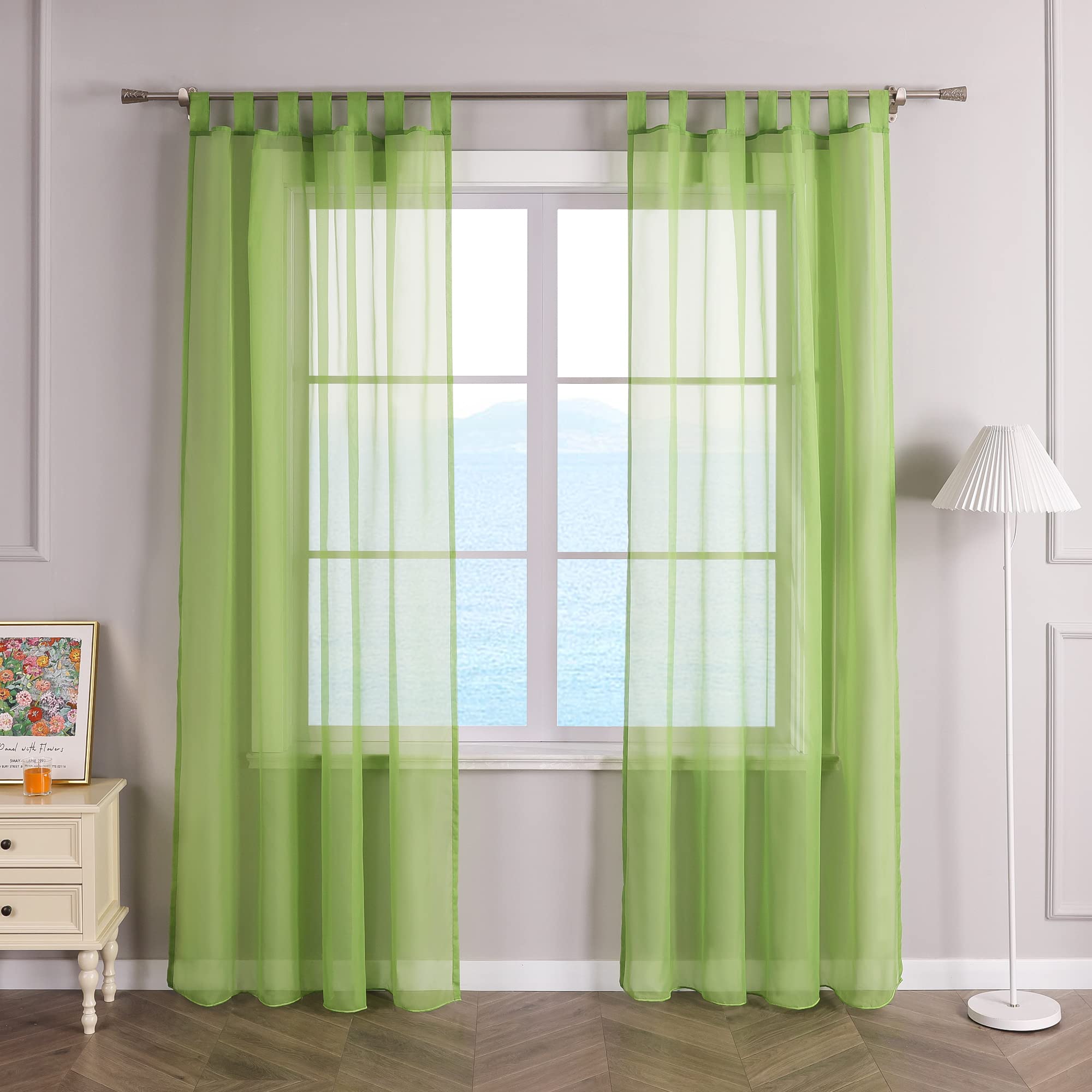 ESLIR Curtains with Tabs Window Curtain Transparent Voile Green W x H 140 x 145 cm Pack of 1