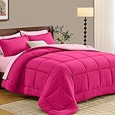 FUANNA Queen Comforter Set 7 Pieces, Reversible Queen Size Bed in a Bag with All Season Soft Comforter, Bedding Sets Includes Comforter, Flat Sheet, Fitted Sheet, Pillowcases & Shams, Hot Pink & Pink
