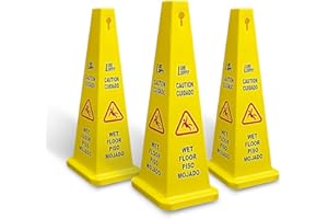 8 NET INC. 8 NET 3-Pack Heavy Duty 36’’ Bright Yellow Caution Wet Floor Cones, 4-Sided Bilingual Caution Sign, Wet Floor Imprint| Cuidado Piso Mojado| Avoid Fall & Slip Accident