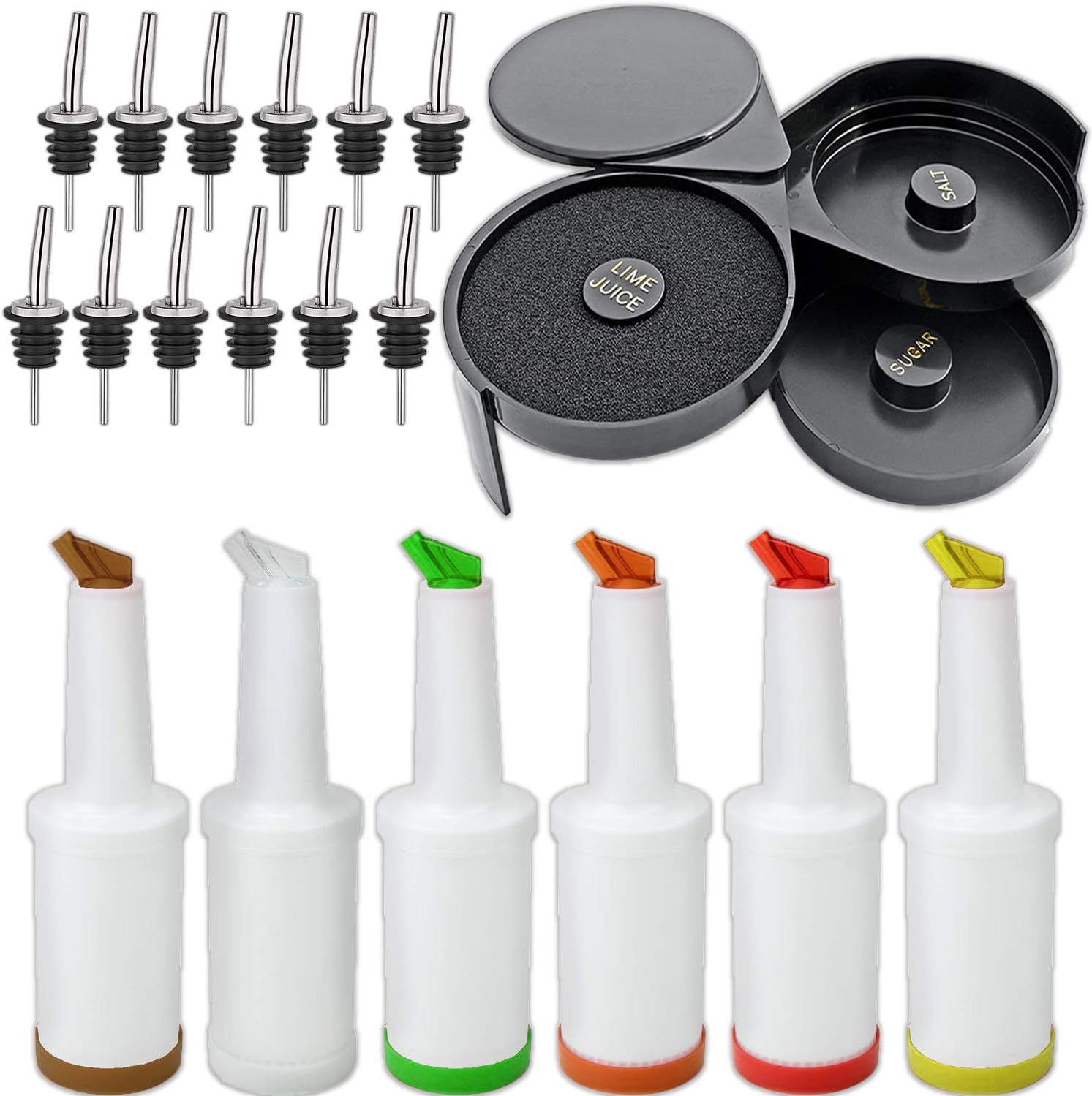  | Bar Supplies Set - 3 Tier Glass Rimmer + 6 Alcohol Pour Bottles + 12 Liquor Bottle Pourers W/Tapered Spout: Rimming Salts & Sugars