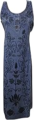 Mogul Interior Women's Boho Maxi Dress Blue Embroidered Stonewashed Long Dresses S/M