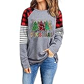 Christmas Shirts for Women Plus Size Xmas Tree Shirt Top Buffalo Plaid Long Sleeve Holiday Outfits Tee Tops