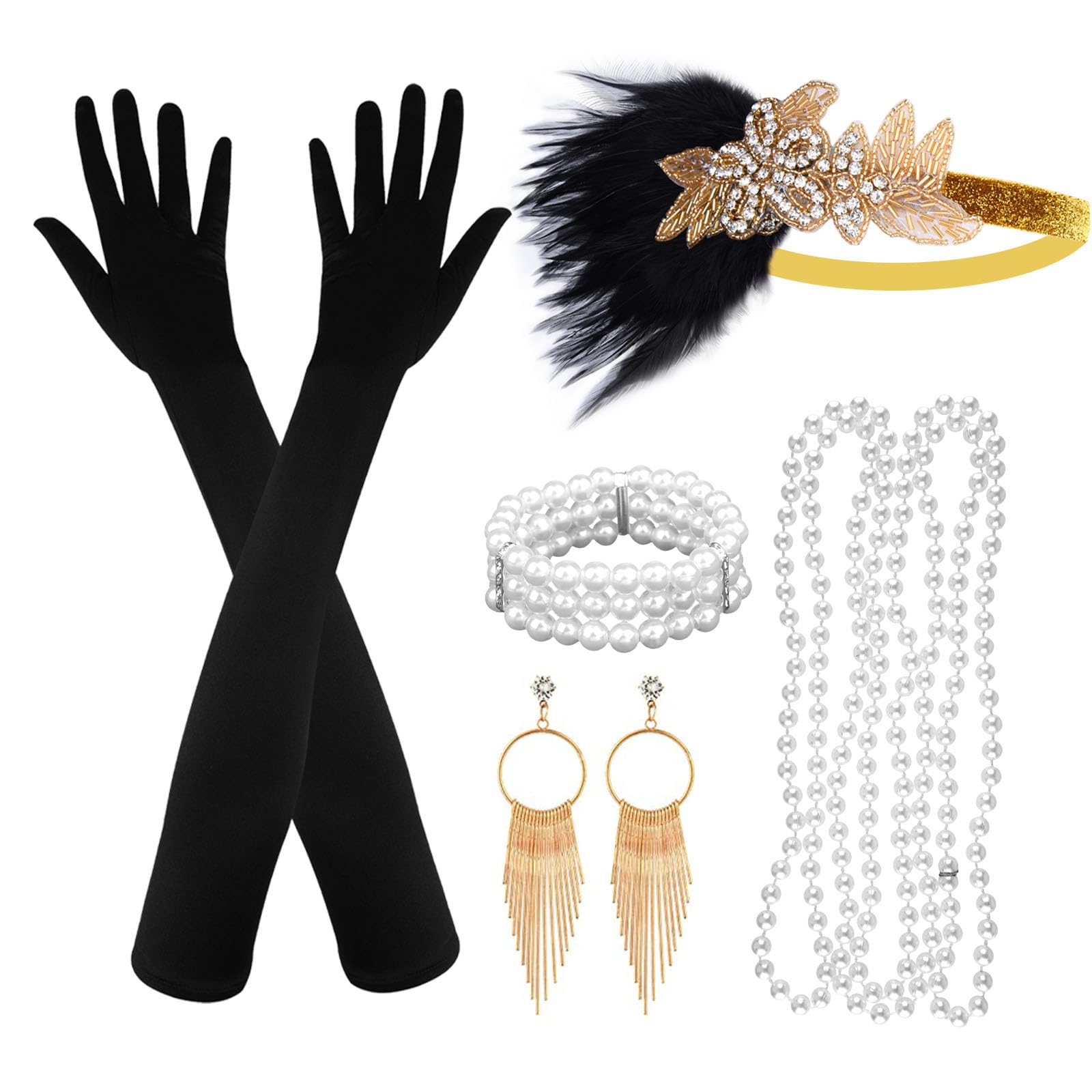 Astaron 1920s Flapper Great Gatsby Accessories Set for Women Flapper Headpiece Headband, Fashion Roaring 20's Gatsby Theme Set Including Feather Headband Headpiece Long Black Gloves Necklace Earrings