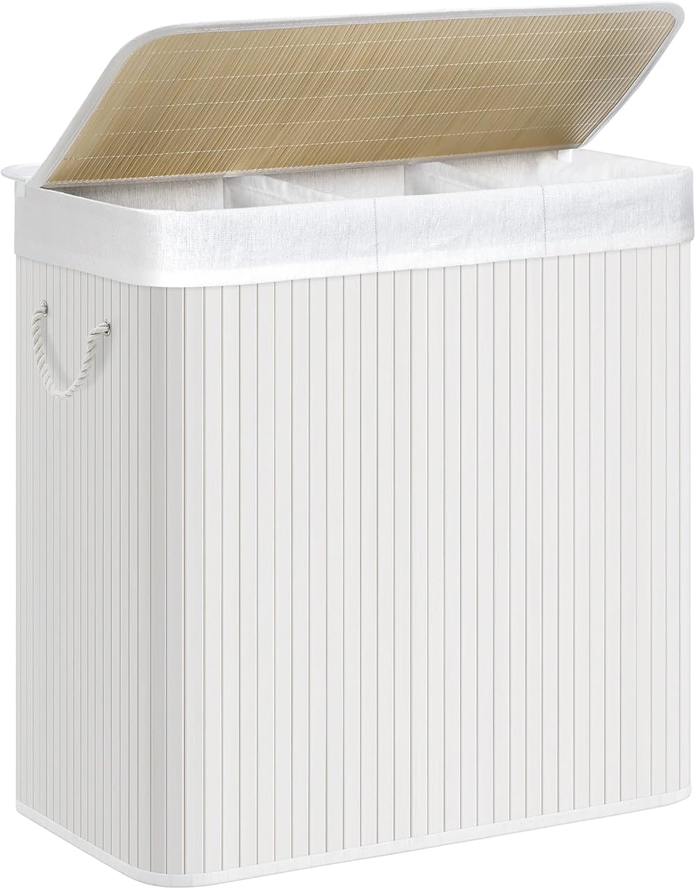 SONGMICS LCB091W01 150 L Laundry Basket with 3 Sorting Compartments Bamboo Lid