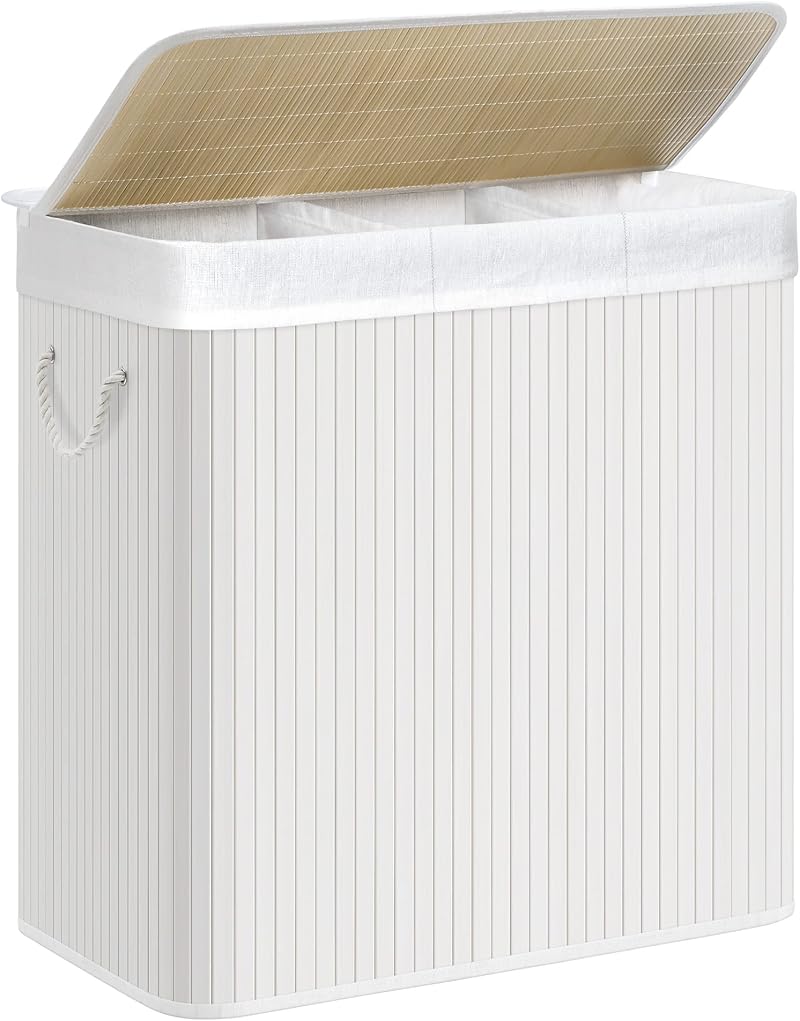 SONGMICS LCB091W01 150 L Laundry Basket with 3 Sorting Compartments Bamboo Lid
