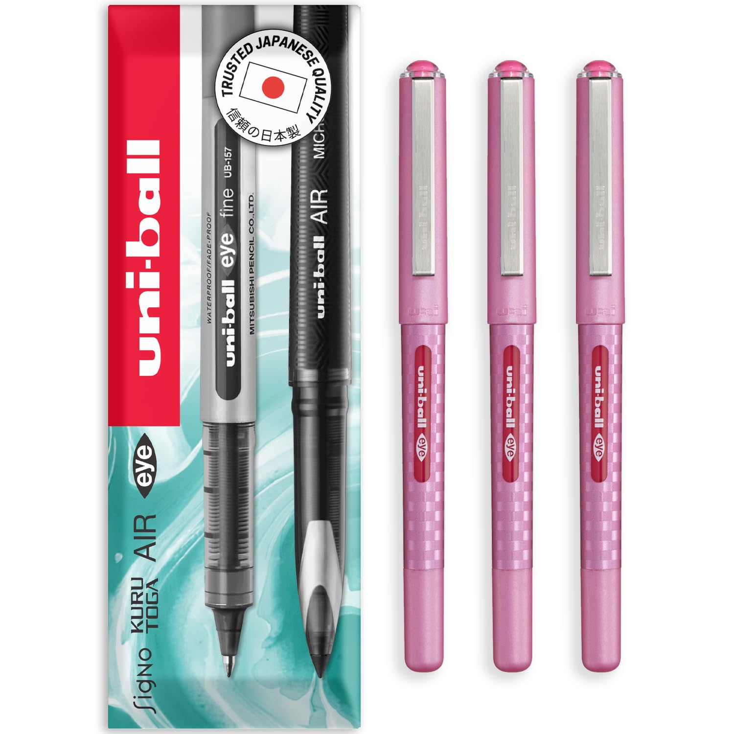 uni-ball EYE - UB-157D Liquid Ink Rollerball Pens - 0.7mm Nib - In Envelope Gift Packaging (Pack of 3, Pink)