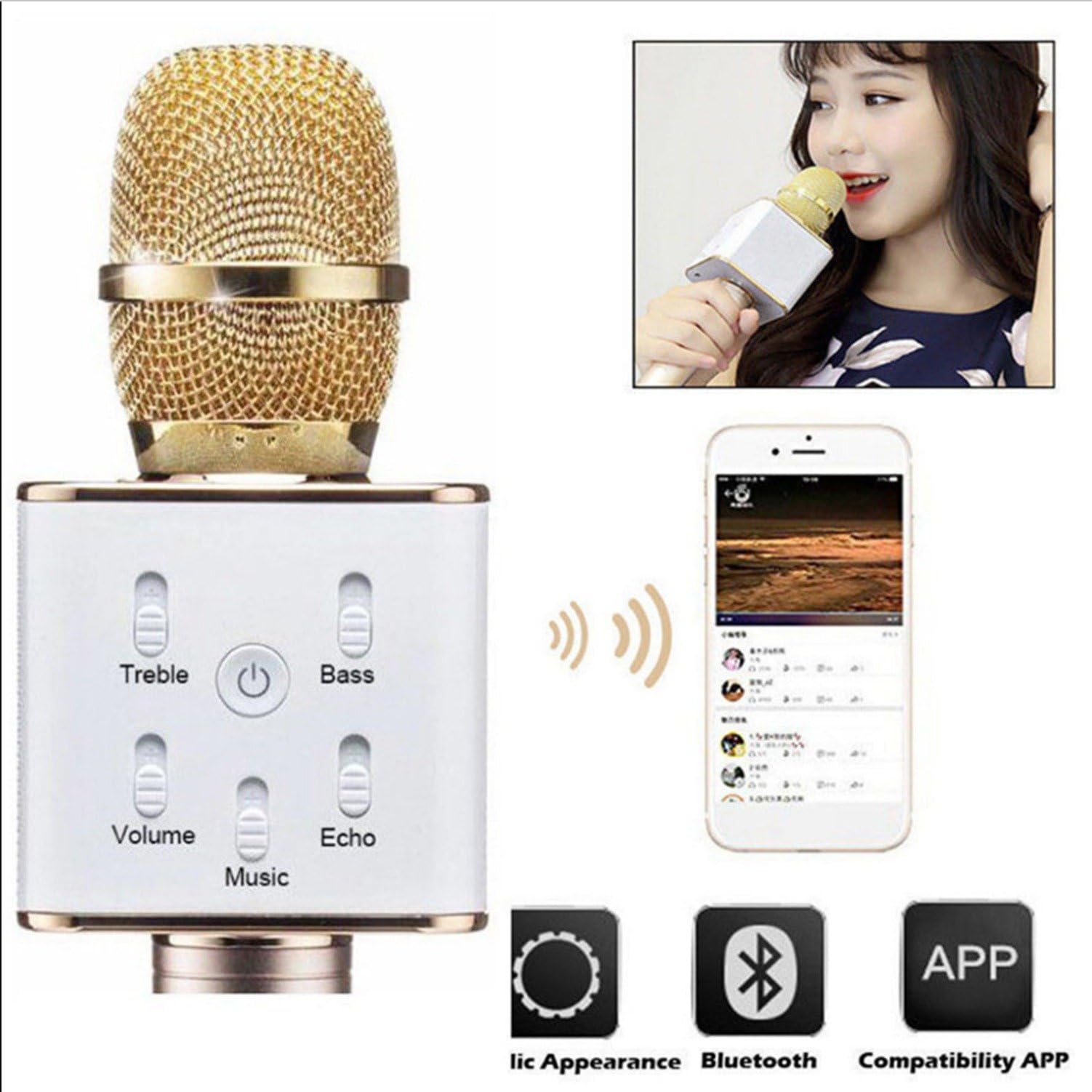 Portable Wireless Bluetooth Karaoke Microphone , Q7 ( K088 Enhanced ) Mini KTV Player 2 in 1 Home Karaoke Player Full Metal Bluetooth Speaker Handheld Portable Mic Microphone Mike Support for IOS Andriod System iPad iTouch Celulares Smartphones (OTG) PCs / Notebooks / Tablets, for Recording Singing Family K Song Karaoke KTV Outdoor Travel Gathering Wedding Seminars Meeting Stages (Gold)