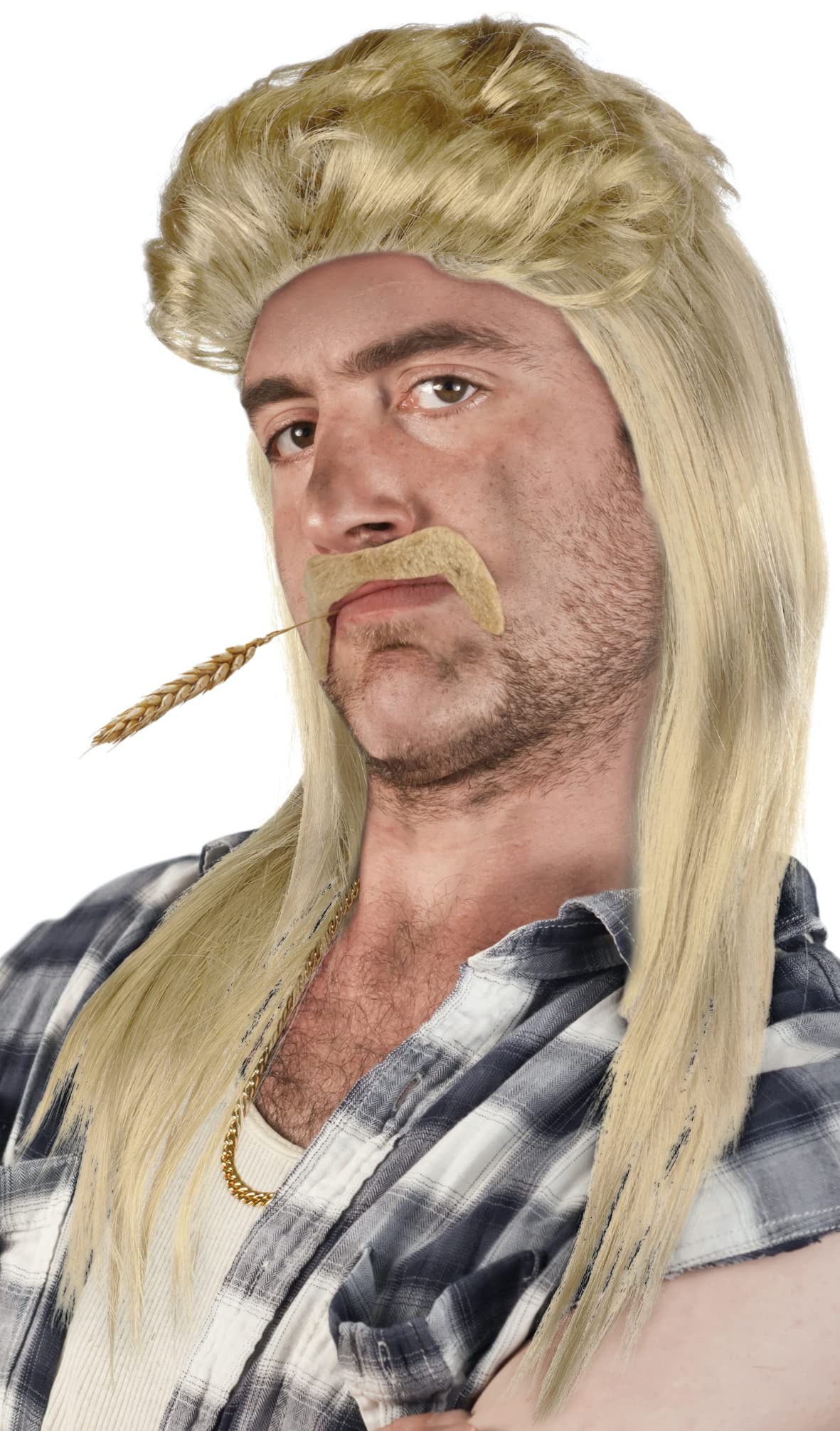 SET of: Mullet Wig + Beard + Gold Chain - Rocker Chav Wig Mullet Wig Proll Pimp Blonde Brunette Grey Black 80s 90s (Light Blonde + Beard + Gold Chain) โ image 1