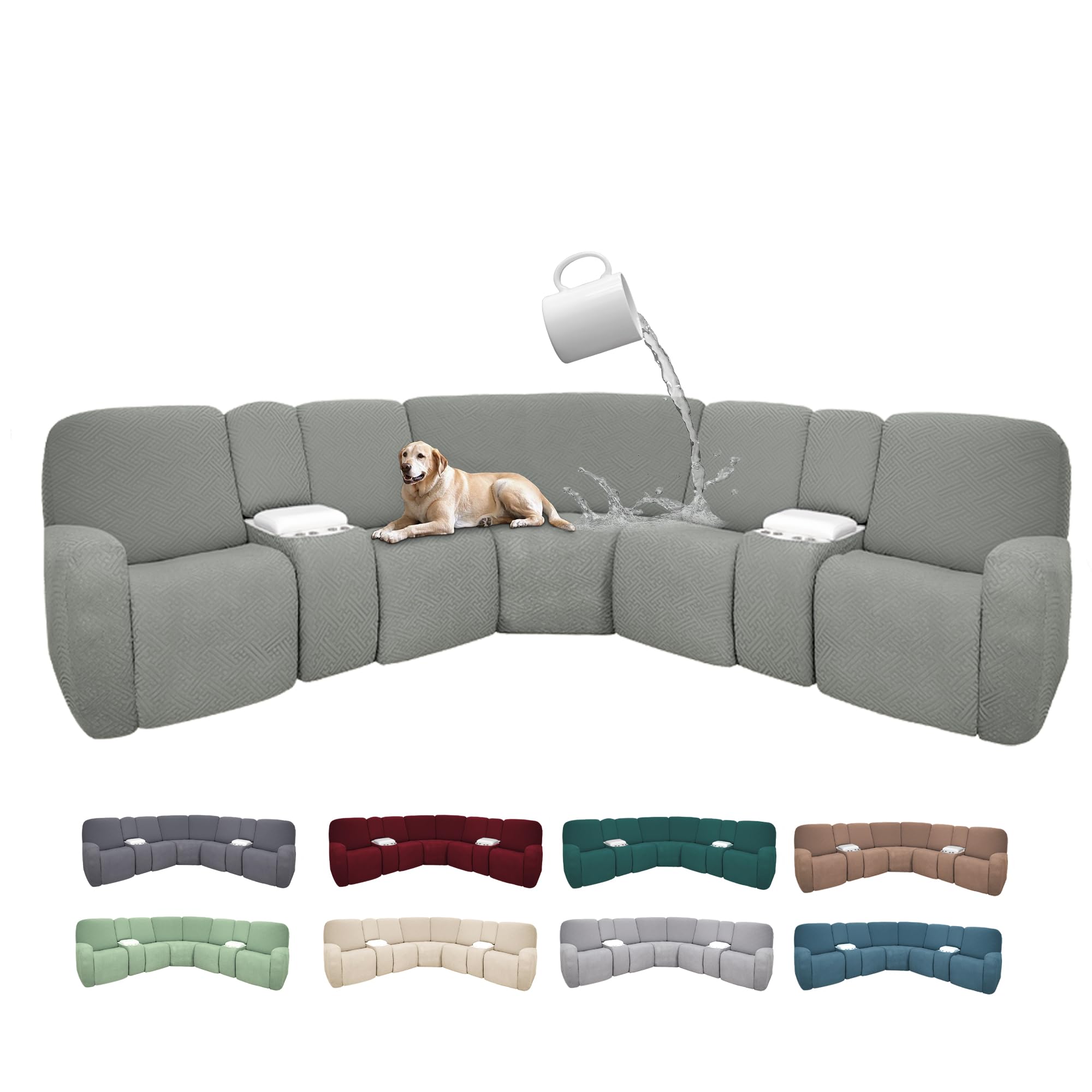 Photo 1 of ROFASVCO 100% Waterproof Sectional Recliner Couch Covers for Reclining Couch L Shaped Corner Sectional Sofa Cover Jacquard Stretch L Shape Recliner Slipcovers (5 Seater 2 Console Cover, Grayish Green)