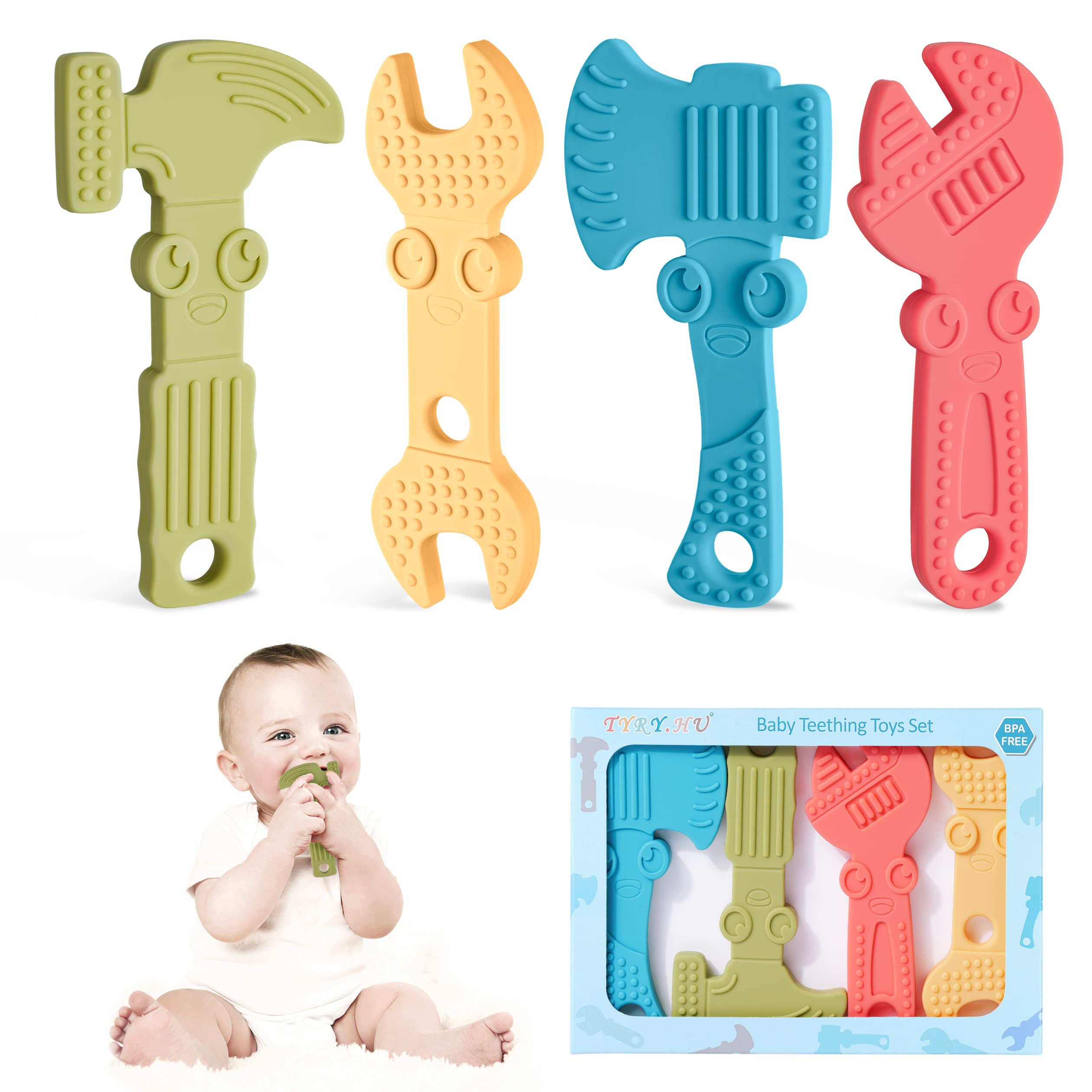 TYRY.HU Teething Toys for Baby Silicone Training Baby Toothbrush Teether Chew Toy Teether Chew Toy Sensory Cooling,Hammer Wrench Spanner Pliers Tools Shape Gifts for Newborn Boys and Girls