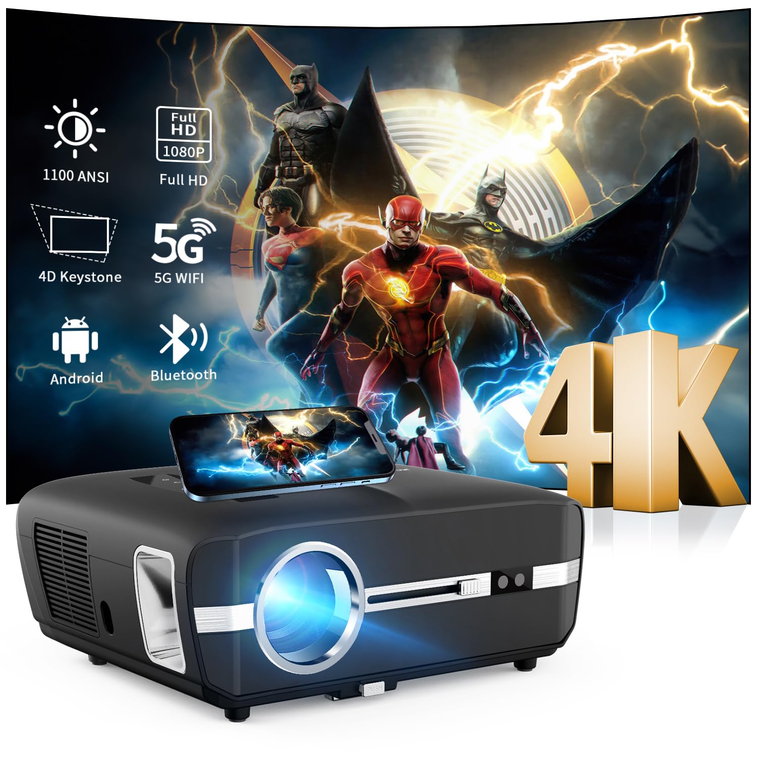 1500 ANSI Wireless Projector with Apps WiFi 6 Bluetooth,Office Ceiling Movie Home Theater LED Projector 4K for Indoor Outdoor Use,20W Speakers Native 1080P,HDR10 Zoom/5D Keystone/HDMI USB Manual Focus