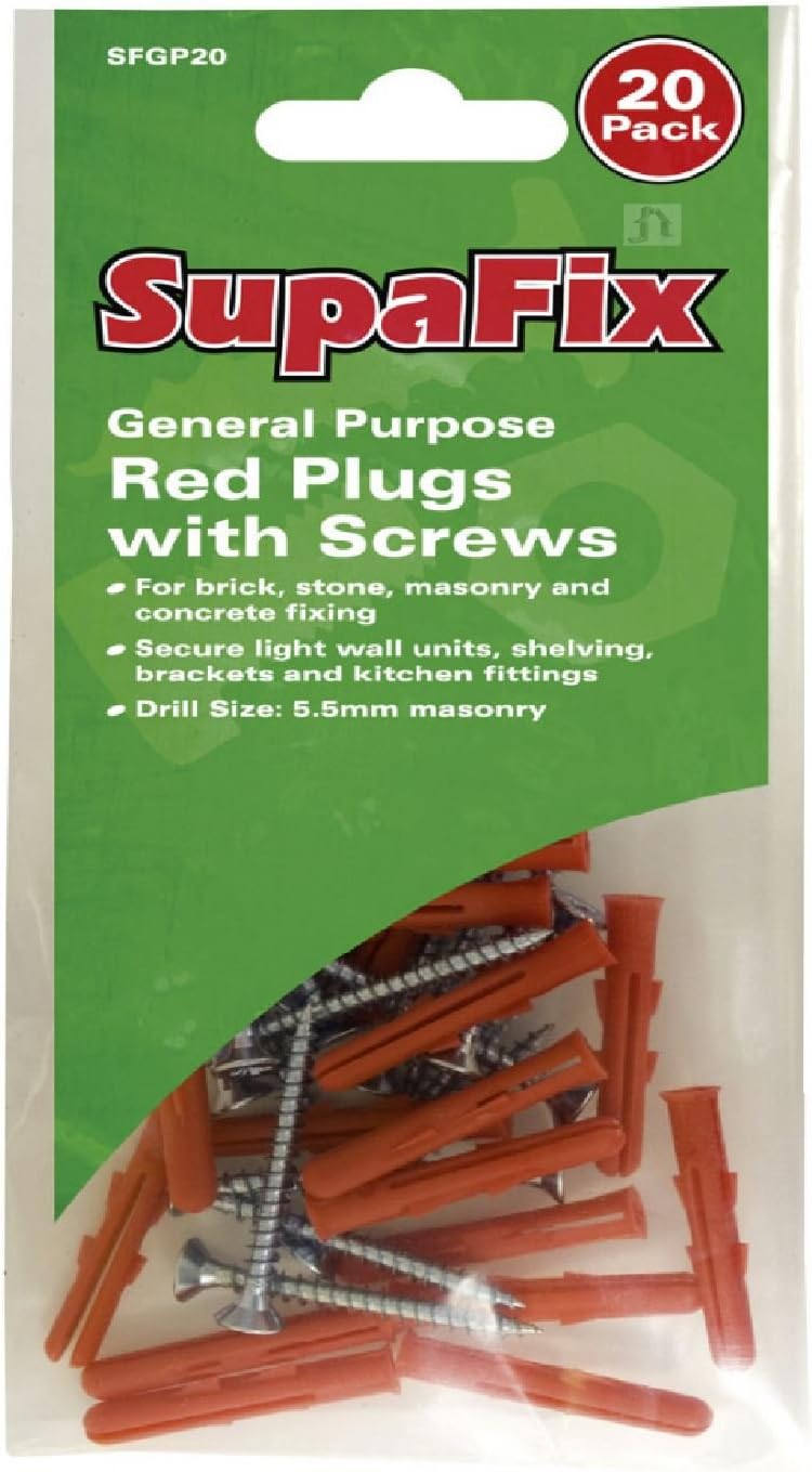 20 x Heavy Duty Red Raw Wall Plugs with 40mm Screws Drill Size 5.5mm