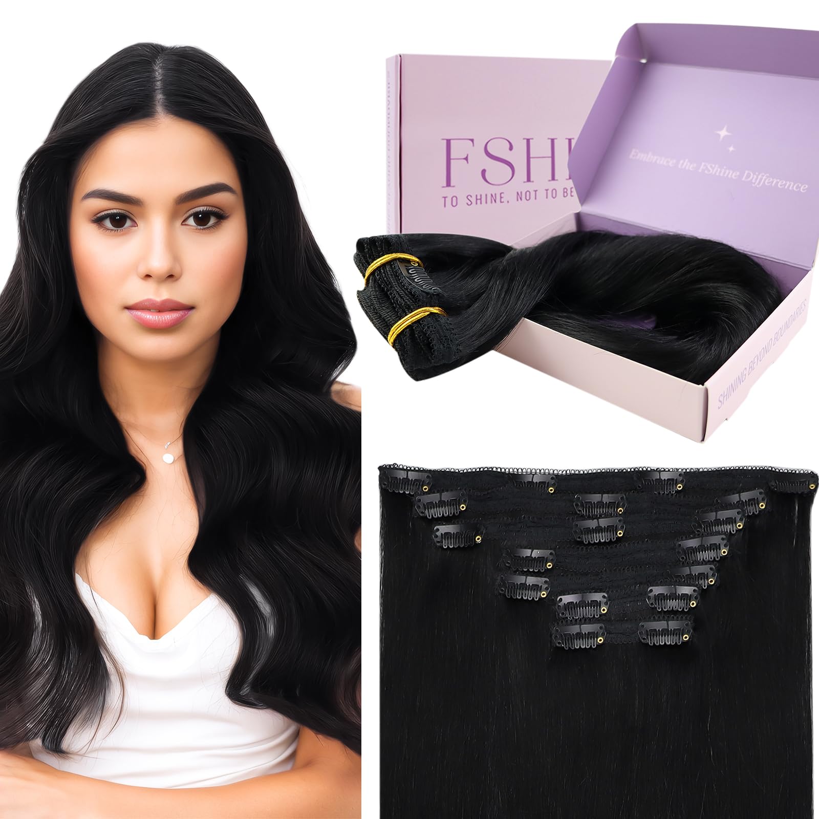 Fshine Jet Black Clip In Hair Extensions - 14 Inch Remy Real Human Hair - 7pcs Double Weft - 120 Gram — image 1