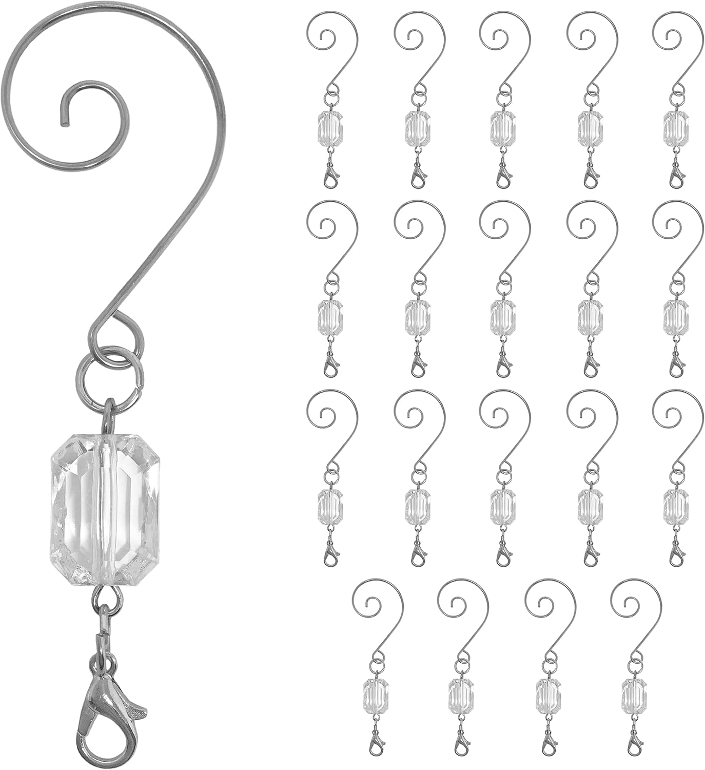 Ornament Hooks - Christmas Ornament Hooks - Clear Acrylic Gem - Silver Wire Swivel Ornament Hooks - Set of 20 Hangers - 3