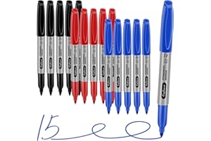 craftinova Fine Point Assorted Colors Permanent Markers Set, Works on Paper, Plastic, Metal, etc., for Adults, Artist, Teacher, Kids, Black, Blue, Red, 15 Count